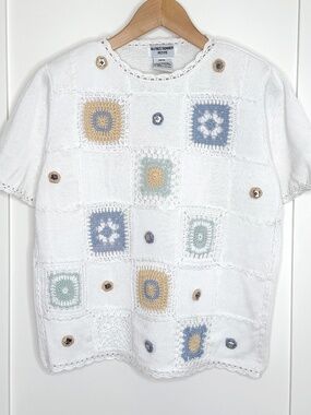 Alfred Dunner Vintage Crochet Granny Square Short Sleeve Top in White